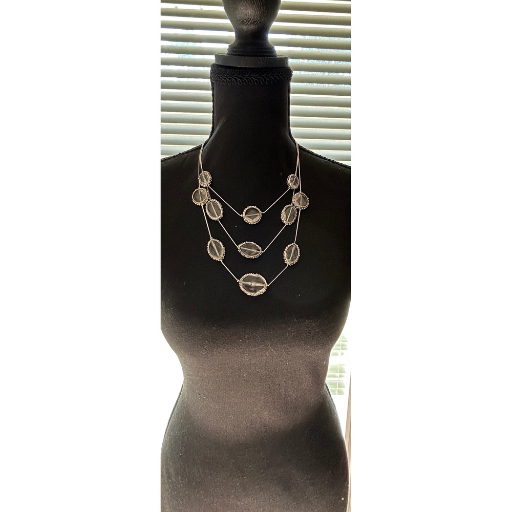 Chico's Silver Tone Layered Station‎ Necklace Clear Faceted Oval Acrylic Stones